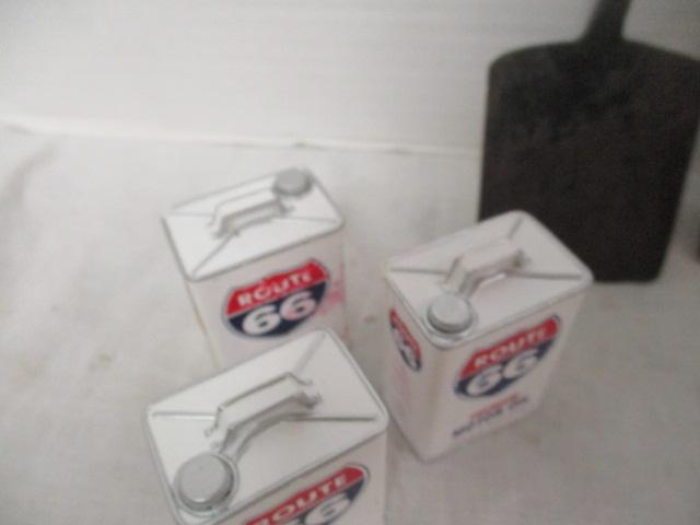 Route 66 Mini Oil Cans (3) 2", Mini Boot 3", Shovels (4 1/2" & 8")