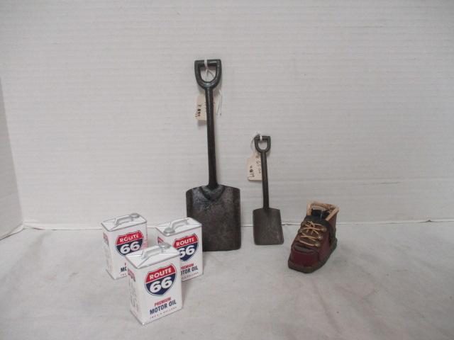 Route 66 Mini Oil Cans (3) 2", Mini Boot 3", Shovels (4 1/2" & 8")