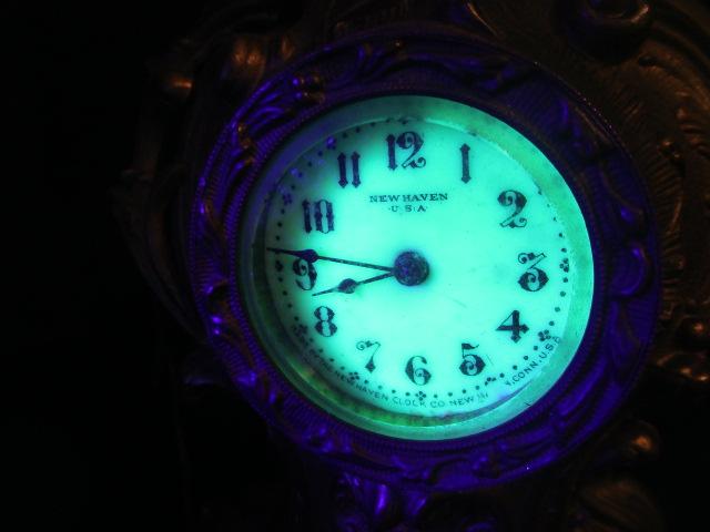 New Haven Clock Co. Brass Clock w/uranium Glass Face