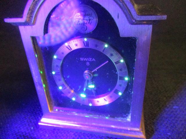 Swiss Black & Brass Arch Top Miniature Clock (Dots are Uranium Glass)