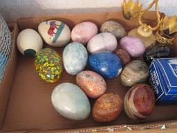 Wire Egg Basket and Large Collection of Stone, Wood and Paper Mache Eggs