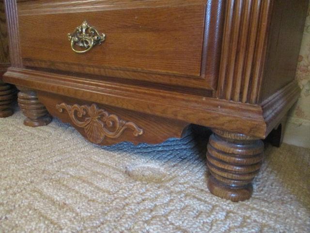Pair of Athens Furniture Oak 2 Drawer Nightstands with Carved Shell Appliques