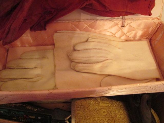 Ladies Grouping-Hand Fans, Vintage Gloves in Glove Box, Lacquered Jewelry Box,