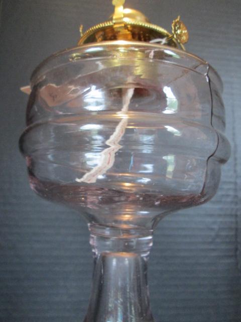 Three Old Purplish Clear Glass Post Oil Lamps