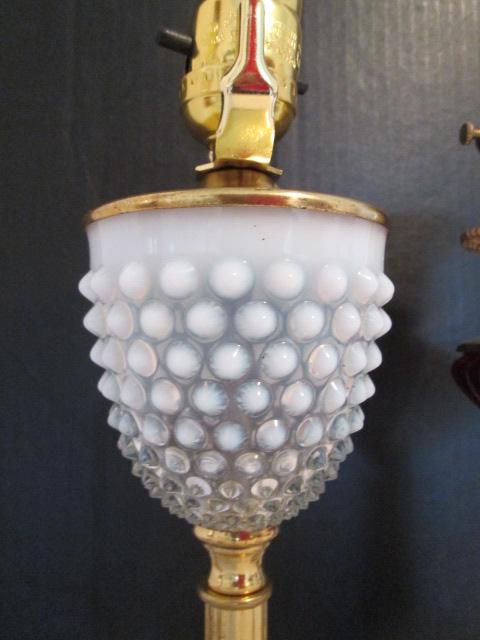 Opalescent Hobnail and Ribbed Cranberry Electric Lamps with Marble Bases
