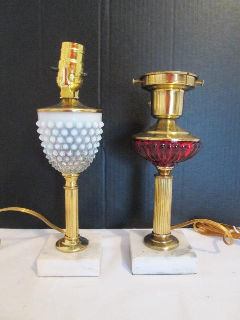 Opalescent Hobnail and Ribbed Cranberry Electric Lamps with Marble Bases