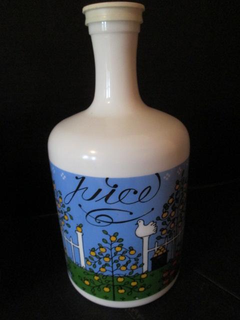 Milk Glass "Milk" and "Juice" Carafe Bottles and Black and White Cow Design