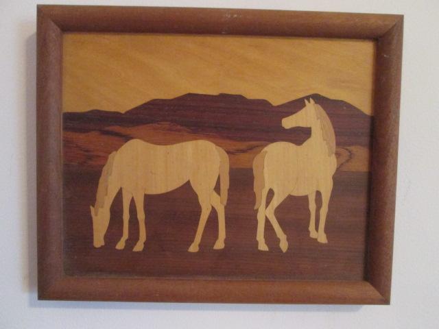 Hand Crafted Framed Wooden Horse Marquetry Wall Art