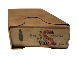 NIB 1938 Box 10rds. of Nazi marked 8mm M30 S-Patronen 8x56r for an Austrian M95