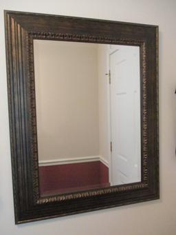 Framed Beveled Mirror and Pair of Candle Sconces