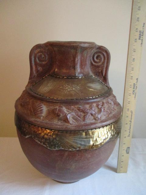 Pottery Vase with Metal Embellishments