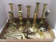 Nice Grouping of Brass Candle Sticks, Wall Sconce and Candle Snuffers