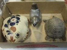 Cast Metal Turtle Trinket Box, Pottery Bird and Mexican Pottery Frog