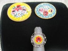 2 Italian Mosaic Style Brooches and Ring