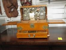 Antique Tiger Oak Drinks Tantalus and Gaming Box