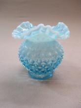 Fenton Hobnail Blue Opalescent Round Ruffled Edge Vase 4 1/2"