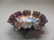 Fenton Carnival Glass "Grapevine" Pattern Ruffled Bowl 8"w X 3"h