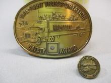Vintage Solid Brass Walmart Transpiration Safety Award Belt Buckle w/Pin