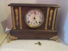 Wood Mantle Clock with Faux Gold Tone Pillars and Embellishments