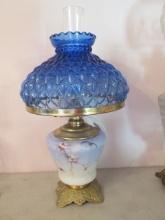 Electric Handpainted Gone With The Wind Style Parlor Oil Lamp with Blue Quilted