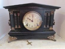 Antique Sessions Black Painted Mantle Clock with Ring Handles