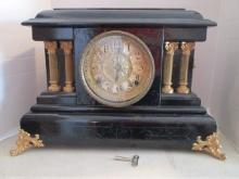 Antique Seth Thomas Black Lacquer Mantle Clock with Lion Head Rings