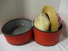 Red Wig/Hat Box, Wood Hat Display Stand and Three Vintage Hats