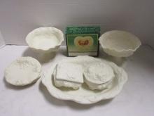 Bisque Porcelain Vanity Boxes, Ring Dishes, Photo Frame, Bowl and Pair of Compotes