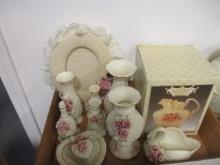 Applied Rose Ivory Porcelain Vases, Candleholders, Trinket Box, Bell, Swan,