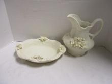 Bisque Porcelain Pitcher and Wash Basin with Applied Flowers