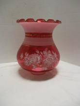 Cranberry Glass Parlor Lamp Glass Shade with White Rose Blossom Transfers