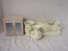 Bisque Porcelain with Applied Flowers Vases, Candle Holders and Sleigh Centerpiece