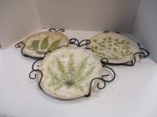 3 Decorative Stoneware Plates with Wrought Iron Wall Hangers