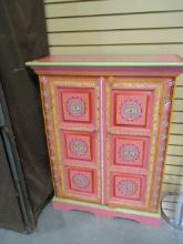 Beautiful Flower Design Pink Painted Wood Cabinet with 2 Doors and Shelves