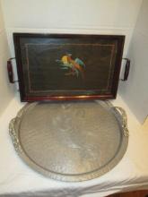 Wood Serving Tray with Pheasant Lithograph Under Glass and Large