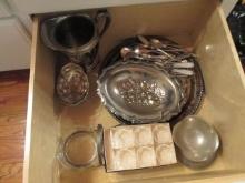 Silverplated Serving Pieces, Flatware, Crystal Salt Cellars with Scoops, etc.