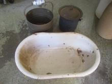 30" Metal Tub and 2 Metal Pots