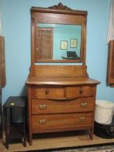 Antique Victorian Oak Serpentine Front Dresser with Stand Mirror
