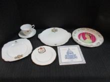 Collection of British Monarchy Bone China Commemorative Plates, Tile and Cup/Saucer