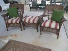 Pair of Woven Resin Wicker Chairs and Ottoman