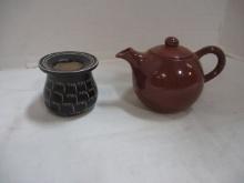 Black Matte Glazed Tribal Motif Vase and Brown Pottery Miniature Teapot