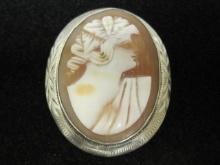 Vintage Sterling Silver Carved Shell Cameo Brooch