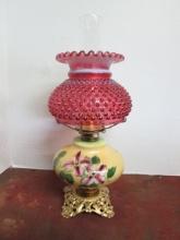 Handpainted Parlor Oil Lamp with Fenton Opalescent Cranberry Hobnail Shade