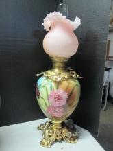Electrified Handpainted Parlor Lamp with Pink Satin Ruffle Shade