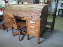 Antique Oak Locking Roll Top Desk and Chair