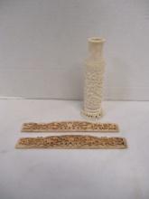 Carved Bone Bud Vase or Incense Burner and 2 Carved Panels