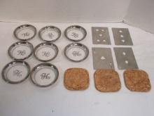 Lot of Coasters - Glass with "H", Metal Cards, Square Cork