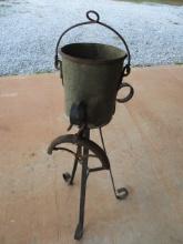 Hand Made Wrought Iron Plant Stand w/Antique Well Bucket
