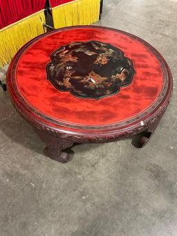 Antique Round Red & Black Lacquered Chinese Table w/ Shell Inlay & Ornately Carved Details. See