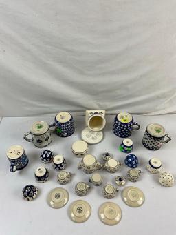 22 pcs Vintage Polish Blue & White Ceramic Miniature Tea Set. 5 Mugs & 2 S & P Shakers. See pics.